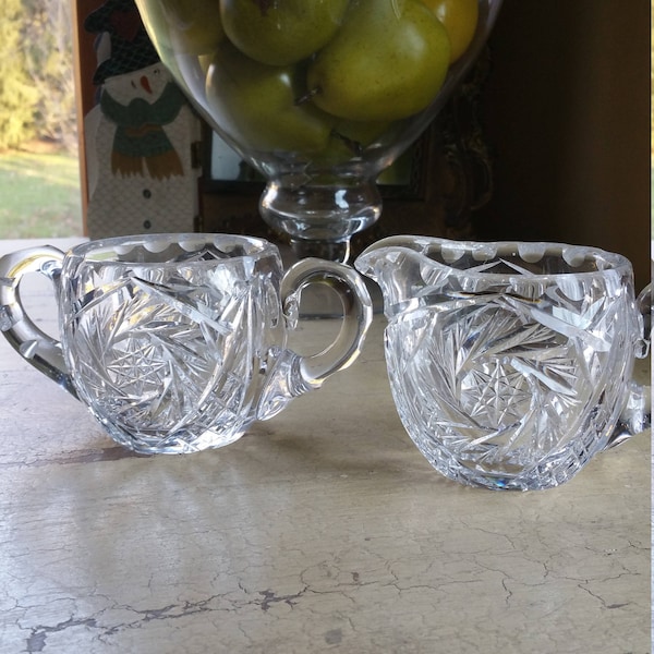 Vintage Lead Crystal Sugar Bowl & Creamer; Heavy Cut Crystal: Star Fan Design