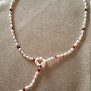 Natural Pearl Ruby Red Bead Lariette Drop Necklace 18&quot;