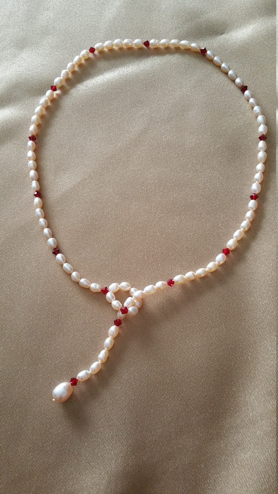 Natural Pearl Ruby Red Bead Lariette Drop Necklace