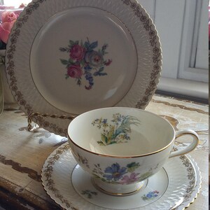 May include: A vintage teacup and saucer set with a floral design. The cup and saucer are white with gold trim and feature a delicate floral pattern in shades of pink, blue, and yellow.