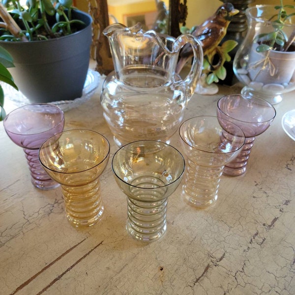 Vintage Dunbar Aramis Iridescent Art Glass Pitcher & 5 Glasses; Mid-Century Iced Tea Set