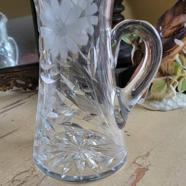 Vintage Etched Tanker Pitcher; Heavy Cut Glass Pitcher