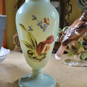 Translucent Milk Glass Vase; Hand Painted Butterfly scene; C 1920s