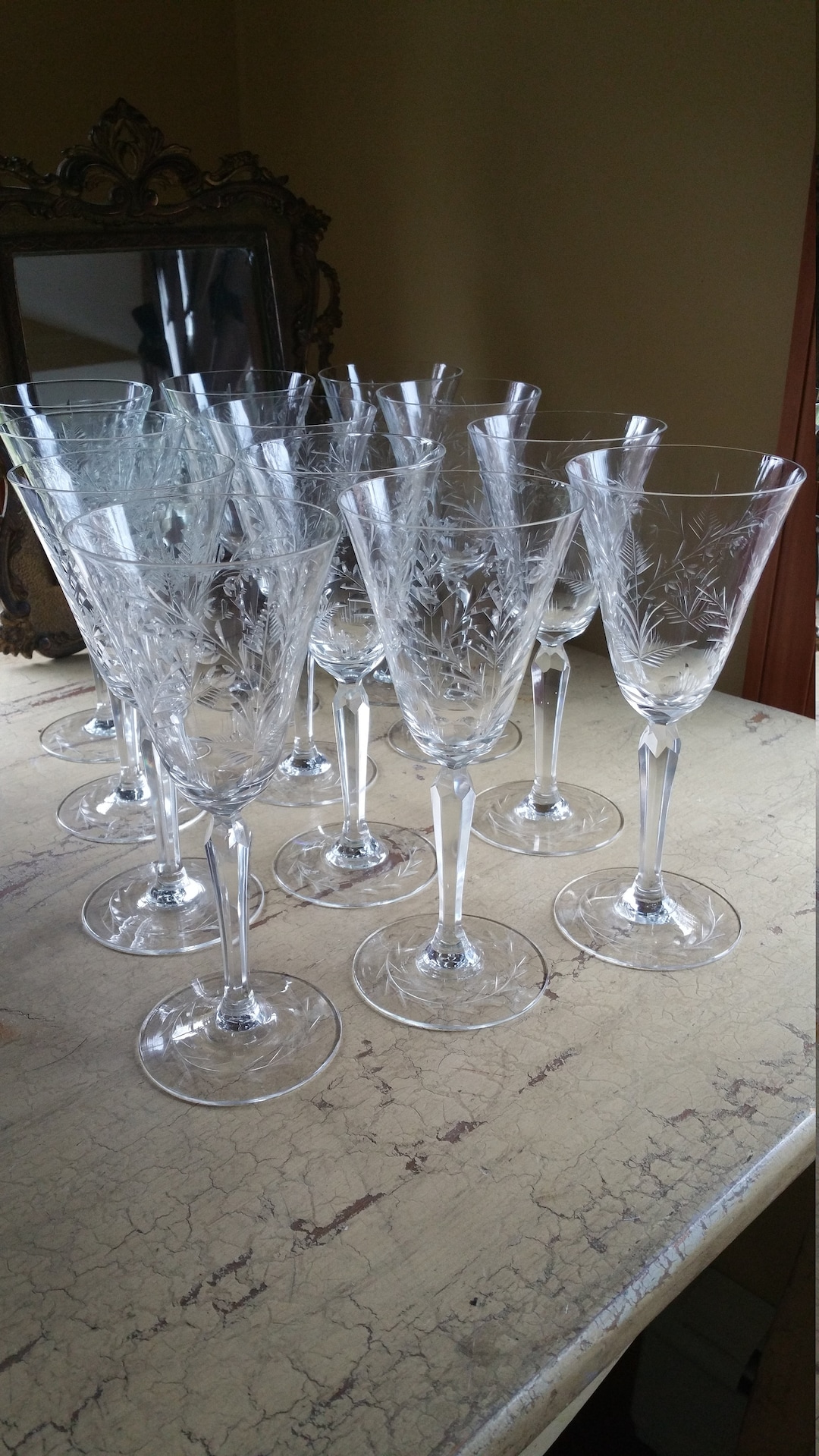 Victorian Etched Wine Glasses Set of 7 Floral Design Etsy
