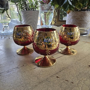 Vintage Venetian Ruby Red Art Glass snifters; 24kt Gold; Enameled Flowers; Set of 3