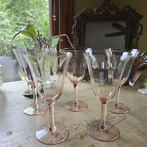 Vintage Set of 5  Pink Depression Wine Glasses; Optic Panel Wine Glasses