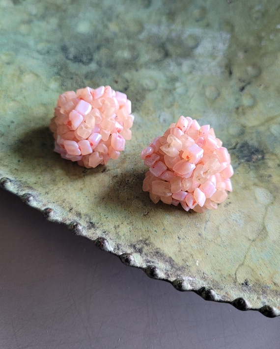 Vintage Clip On Earrings Pink Shell Cluster Beaded
