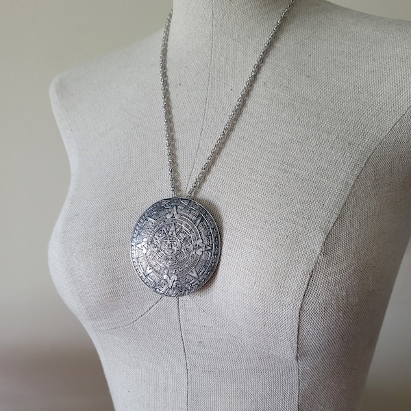 Vintage Necklace 23 inch Mexico Marked Calendar Disk Pendant Necklace Sterling Marked 925 Bertha Hecho En Mexico Silver Necklace