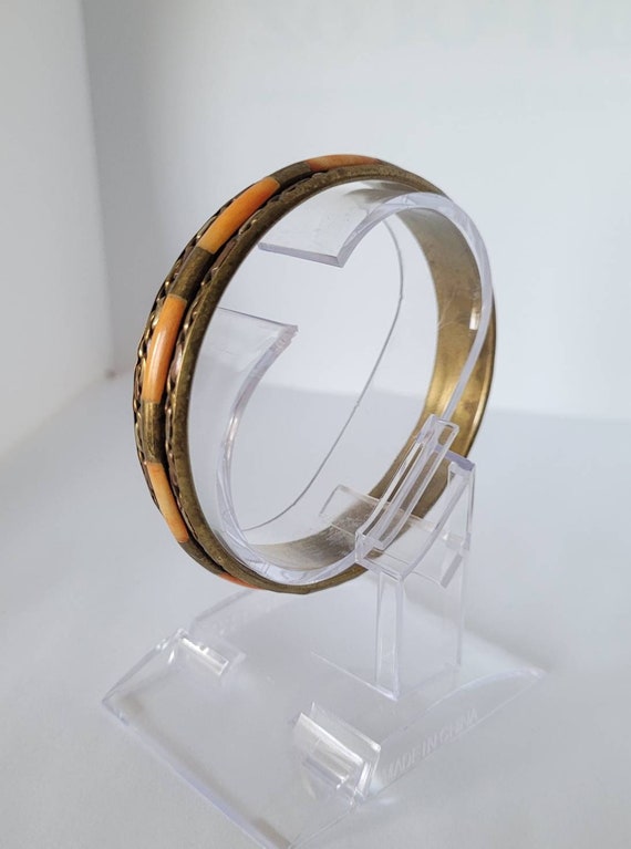 Orange Inlay Aged Brass Toned Bangle Bracelet Vint