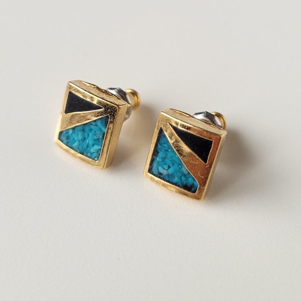 Vintage Post Earrings COP Marked Turquoise Colored Stone Inlay Stud Earrings Gold Toned Pierced Earrings Statement Jewelry