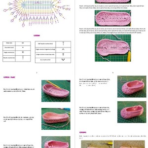 May include: Crochet pattern instructions for making a pair of pink baby shoes. The pattern includes a diagram, a legend, and step-by-step instructions for the sole, upper part, and edging.