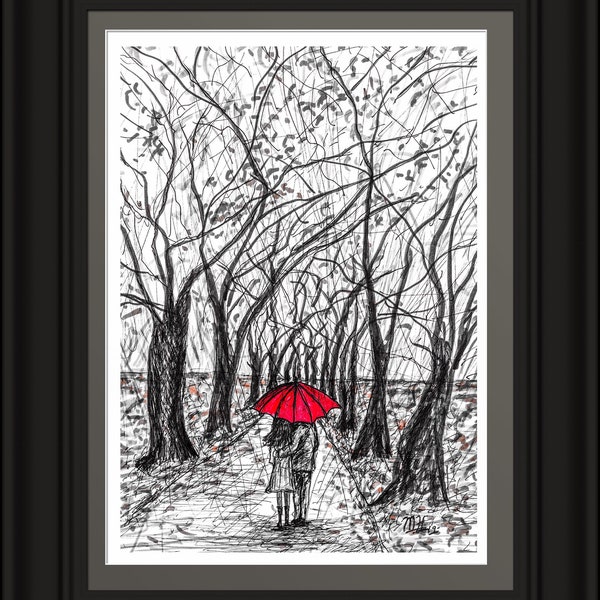 Couple walking in rain. Red umbrella. Meadows. Tree lined. Walk. Romantic