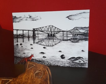 Gift card, Forth Bridges, Forth Road Bridge, urban fox, Scottish, illustration, notecard