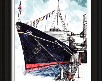 Royal Yacht Britannia, Royal Yacht, Edinburgh, Leith, Illustration, Edinburgh Print, Royal Yacht Britannia Print