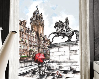 Balmoral Hotel Edinburgh, Edinburgh, Iron Duke, Edinburgh Print, ink drawing, Edinburgh illustration, colour version