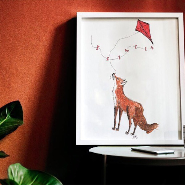Fox illustration,red kite,Fox, fox playing,wildlife,animal,playful,wallart,nursery