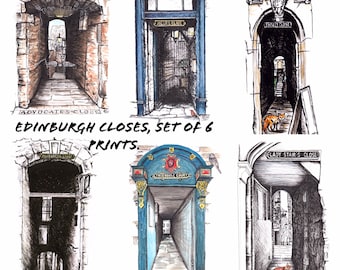 Edinburgh Closes, wall decor set of 6, Edinburgh prints set, prints, art print set, Scottish, architecture, wildlife, Scottish wildlife, set