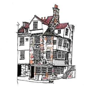 John Knox House and Cat-Scottish art-Scotland-Historic-travel-Edinburgh art-Edinburgh-old building-interesting-unusual art-Edinburgh illustr