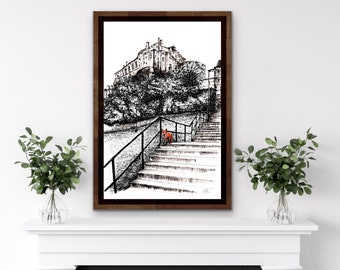 Edinburgh Castle, Granny’s Green Steps, Edinburgh Grassmarket, urban fox, fox, Edinburgh wildlife, Scottish Castle, Art print