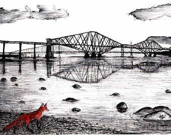 Fox at The Bridges, Forth Rail Bridge, Forth Bridges, Scottish, urban fox, Firth of Forth, beach, Scottish landscape, print, art print