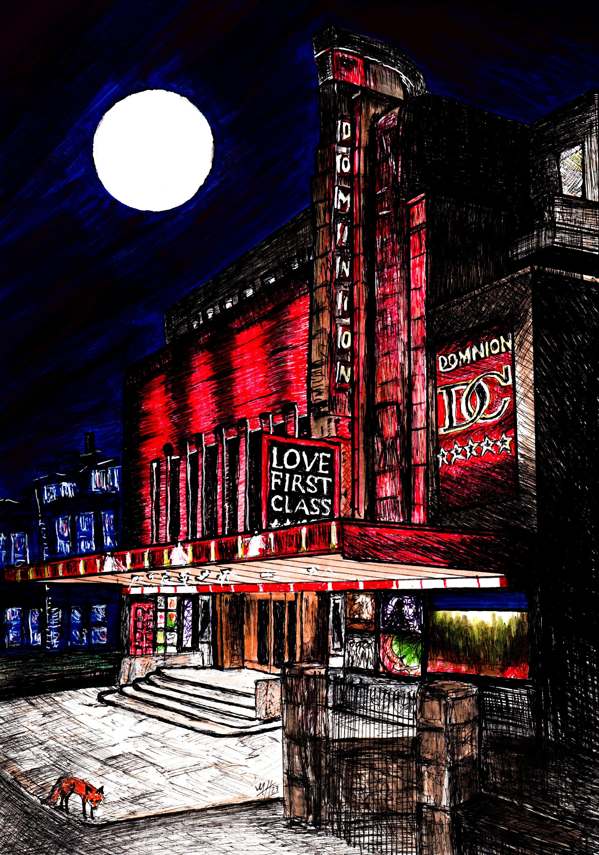 Dominion Cinema, Edinburgh Dominion, Edinburgh, Edinburgh Cinema, illustration, ink drawing, fox, Edinburgh Print