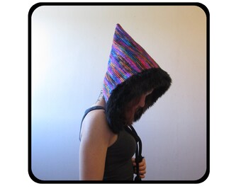 Rainbow pixie hood with black faux fur trim. Cosy, warm colourful hat. Alt fashion.