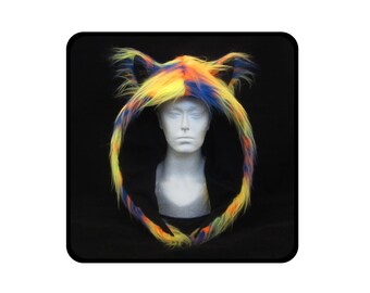 Colourful cat hat. Long pile yellow, orange & blue spirit hood. Festival. Rave. Unisex adult costume. Quirky. Unique. Animal ears. Fluffy.