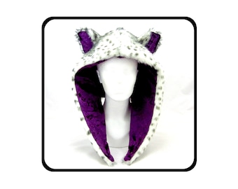 Cat ear hood. Black and white faux fur with purple velvet. Spirit animal hood. Cat ears. Cat costume. Rave hood. Animal hat.