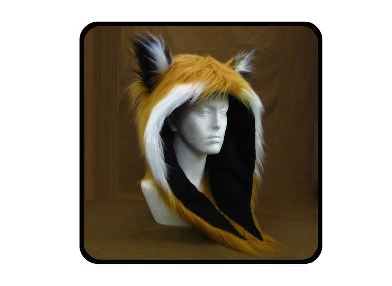 Fox ear animal hat with black lining. Spirit hood. Faux fur. Rave. Festival. Mens, womens. Adult Costume. Woodland animals. Gift. image 1