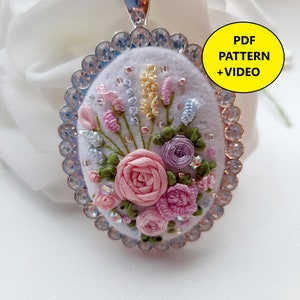 Tutorial video PDF Silk ribbon embroidery flower embroidery pattern pendant brooch embroidery floral pendant