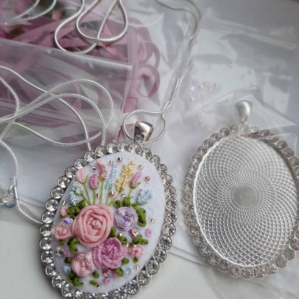Blank pendant Embroidery Pendant DIY Kit Set Floral Jewelry Flower Floral Kit Necklace Base of Pendant Craft kit