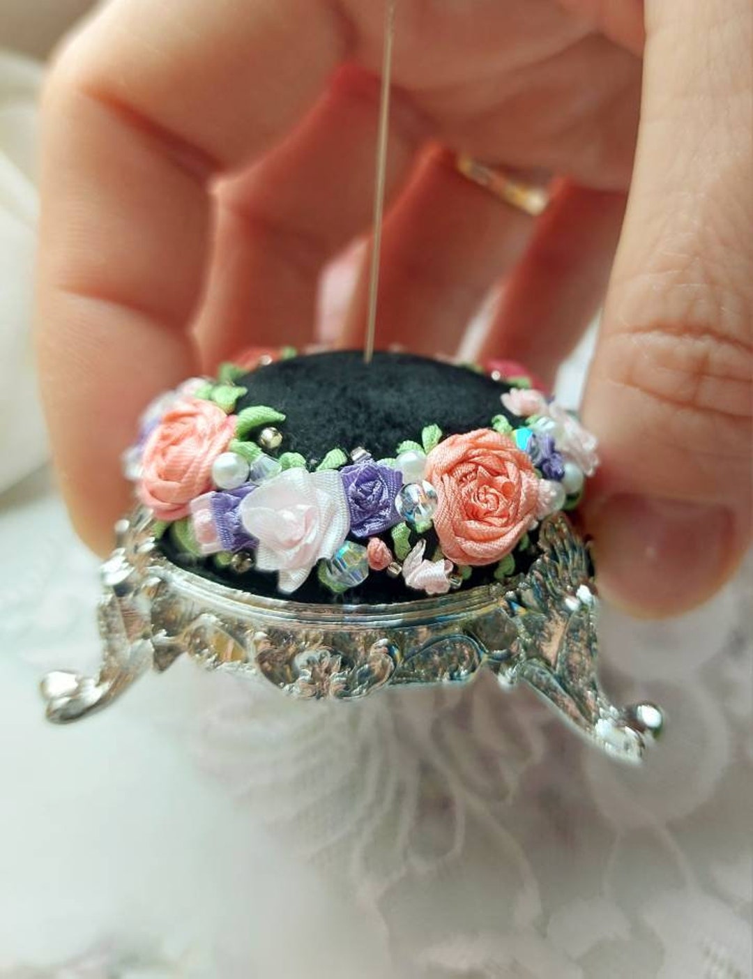 Mini Sewing Pin Cushion, Rococo Style, Special Gift for Knitter, Retro