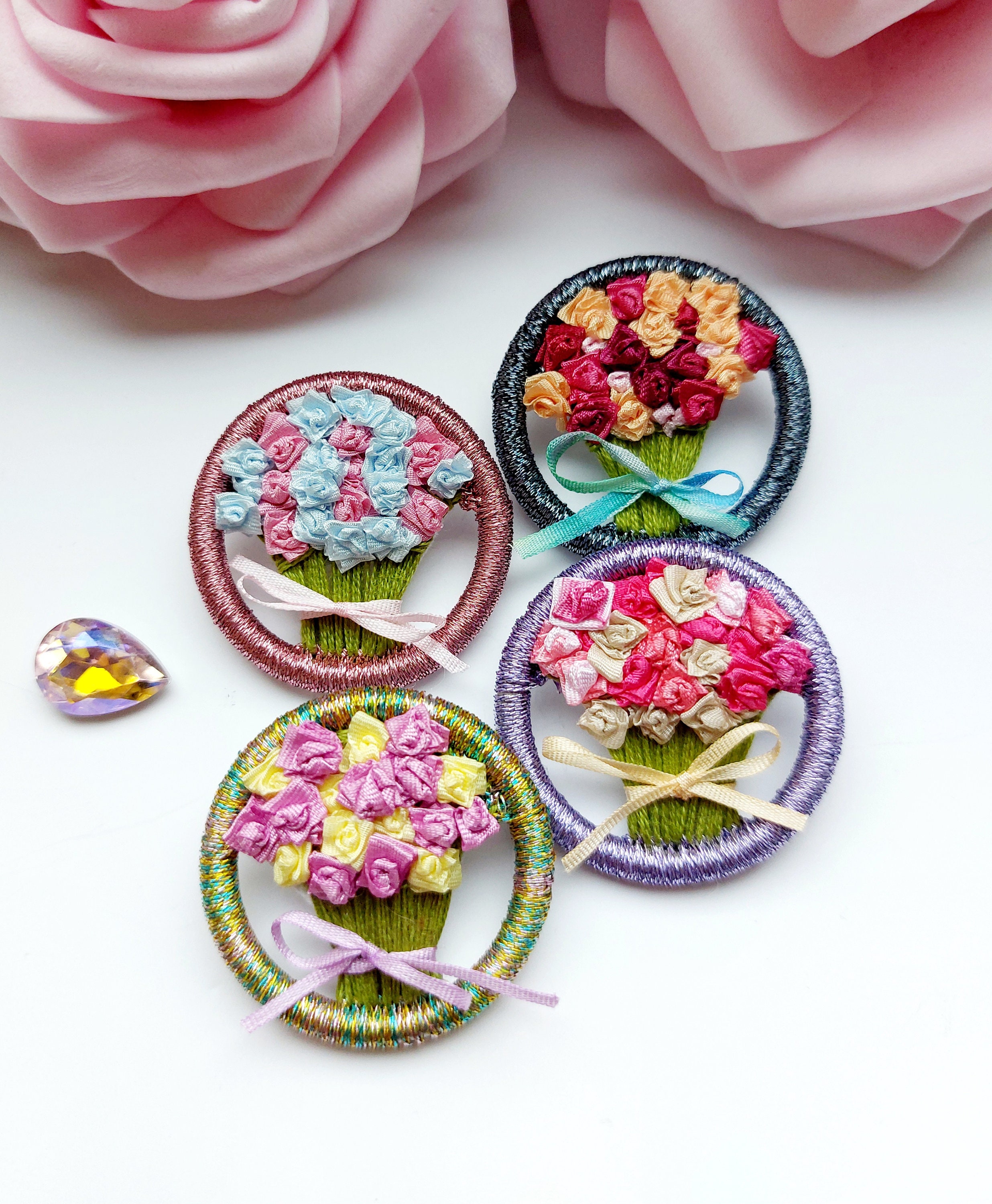 Floral Dorset Button Brooches, Rose Bouquet, Set of 4 - Etsy