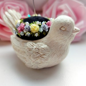 Little Bird Sewing Pin Cushion, Rococo style, Special gift for knitter, Retro Pin Cushion, Needlework gift, Vintage style, Embroidery gift