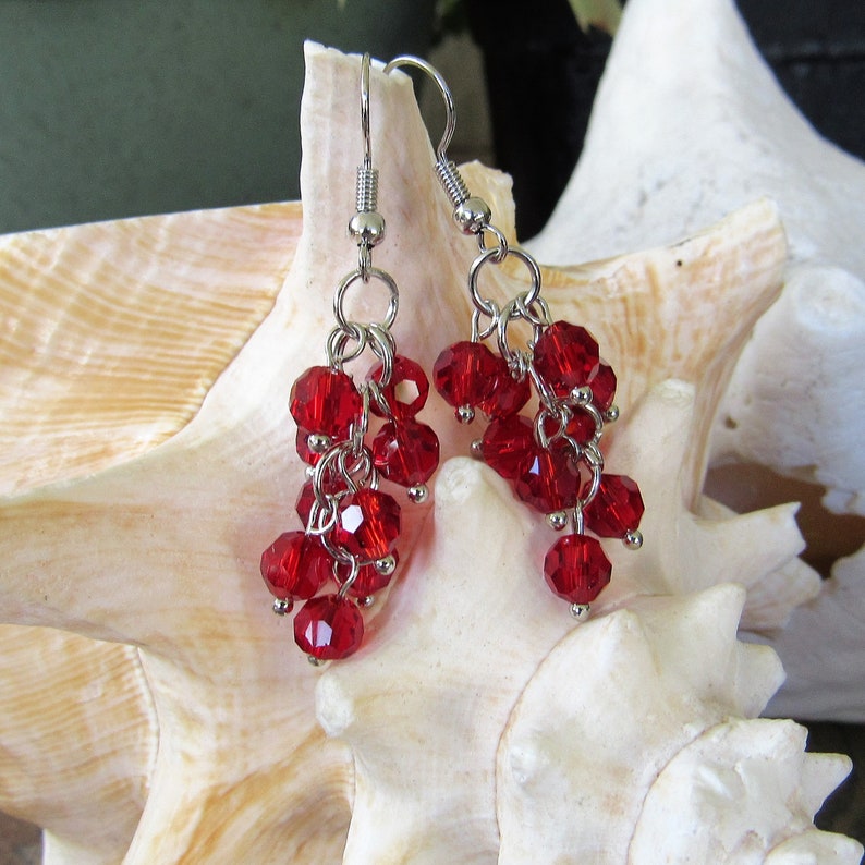 Ruby Cluster Earrings, Red Clusters, Ruby Colored, Red Faceted Glass ...