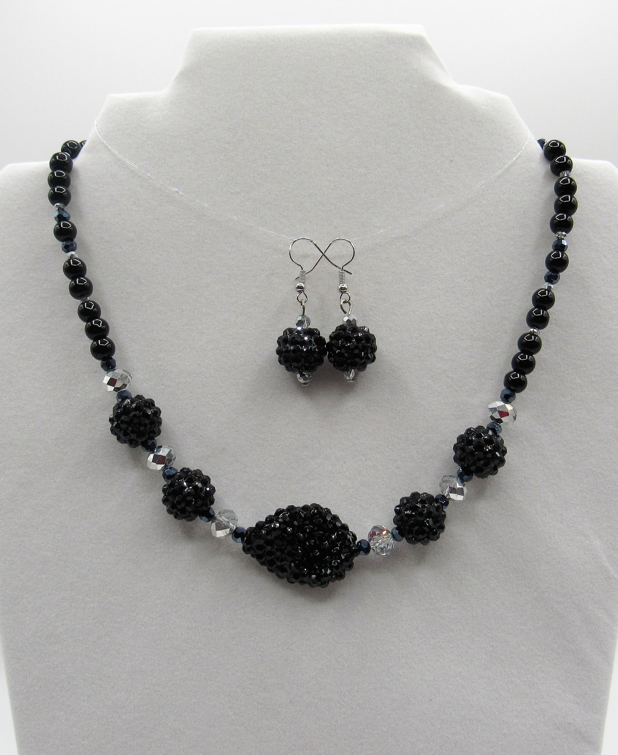 Black and Silver Necklace Faceted Black Beads Silver Faceted - Etsy