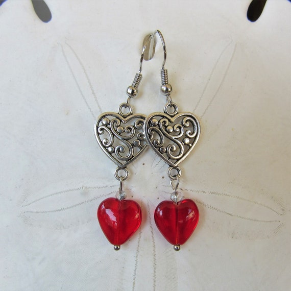 Heart Dangle Earrings Red Heart Earrings Silvertone Hearts | Etsy