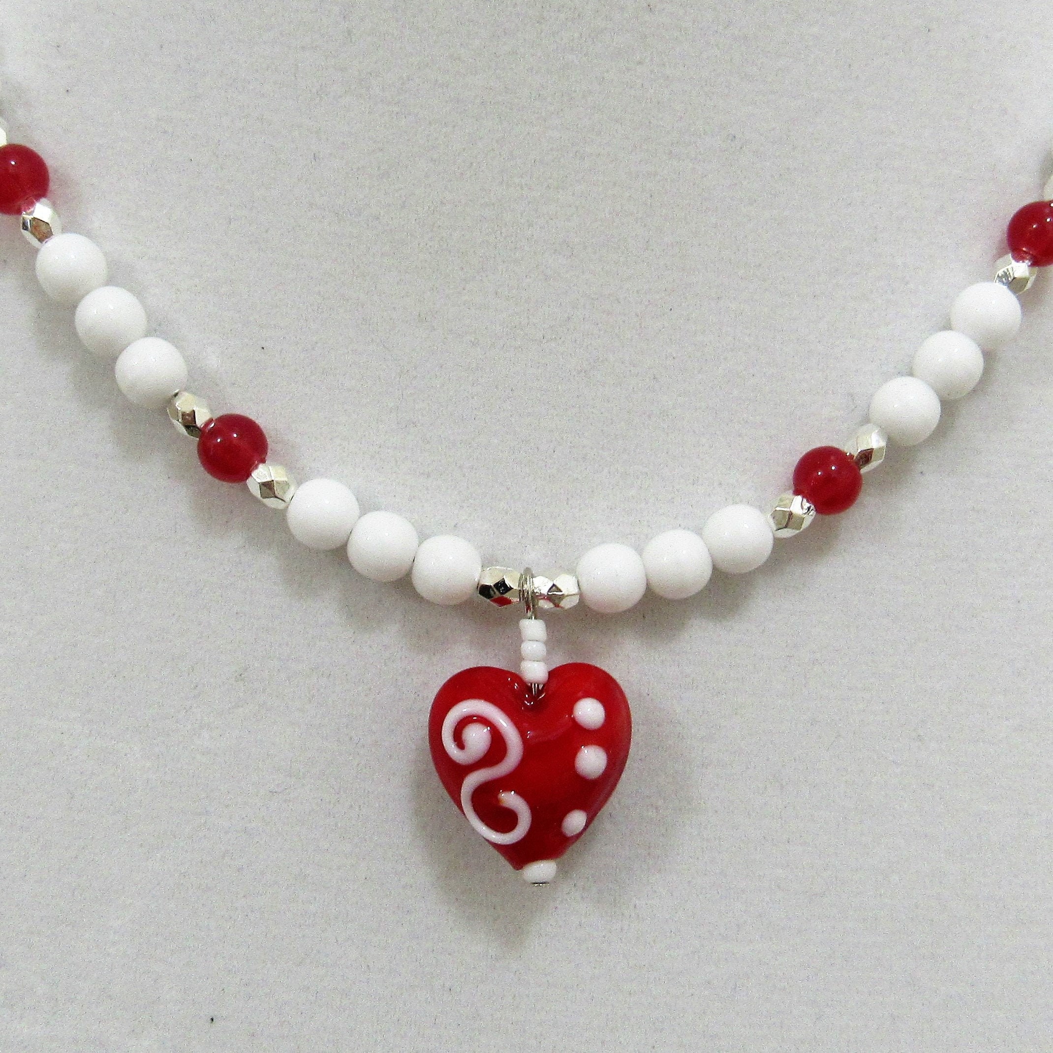 Lampworked Red Heart Pendant Necklace With White Designs - Etsy