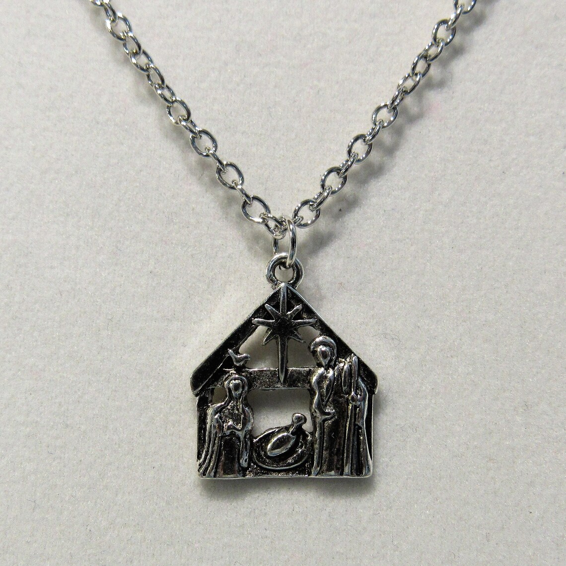 Pewter Nativity Necklace, Nativity Necklace, Antique Silver Chain, 18