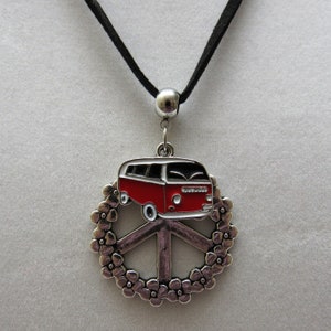 Iconic 60&#39;s Hippie Van and Peace Symbol Necklace, Red and Silver Van Charm, Antique Silver Flower Peace Sign 22 Inch Necklace