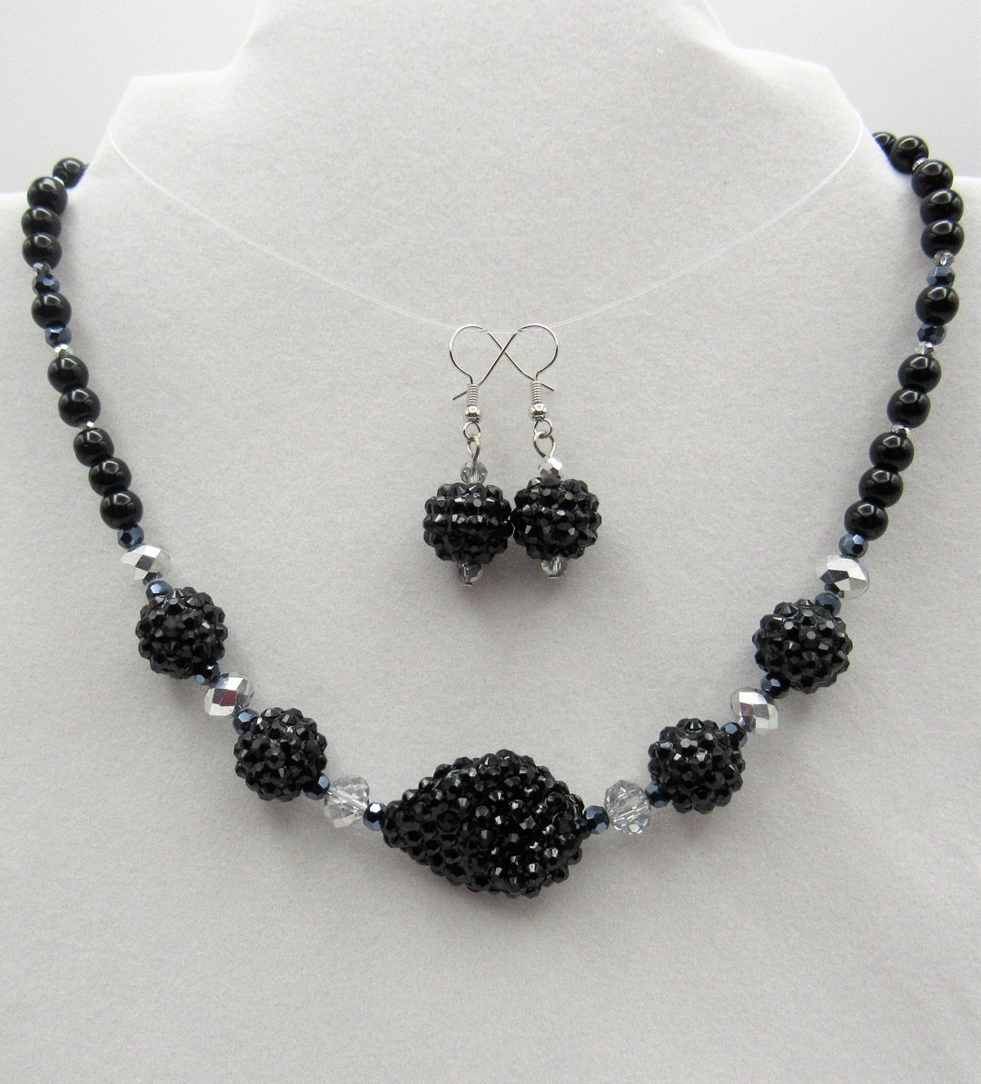 Black and Silver Necklace Faceted Black Beads Silver Faceted - Etsy
