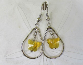 November Birthstone Earrings, Butterfly Earrings, Teardrop Earrings, Topaz Butterflies, TopazEarrings, Silvertone Hoops