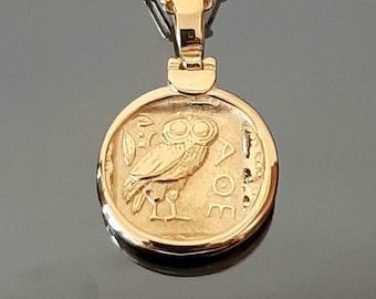 Greek gold Owl, Greek Tetradrachm, sterling silver coin, ancient Greece coin, two-faced coin, museum copy, gold-plated necklace, mom's gift.