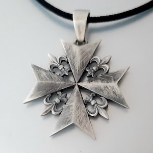 Medieval Cross, 25mm Malta cross, solid silver cross, Knight&#39;s Templar cross pendant, Fleur de Lis heavy cross, Medieval cross, Dad&#39;s gift