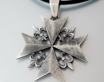 Sterling Silver Knights Templar Cross Pendant: Oxidized Fleur de Lis