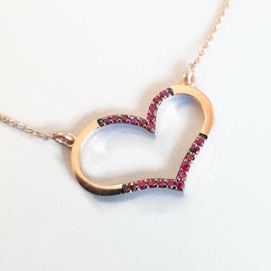 Pink Gold Rubies Heart, asymmetrical heart, heart with rubies, rose heart of gold, necklace with rubies, gold heart pendant, mom's gift.