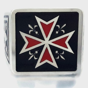 Knight&#39;s Templar cross, Sterling silver ring, Baque Templier, Templar cross ring, Medieval Red cross, Masonic cross ring, Dad&#39;s gift.
