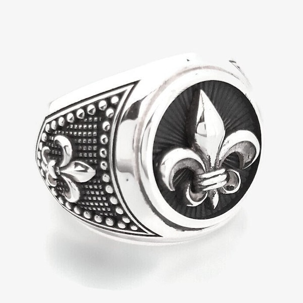 Impressionante anello in argento sterling Fleur de Lis, anello in argento artigianale greco, anello da uomo in argento massiccio, anello ispirato al cavaliere medievale.