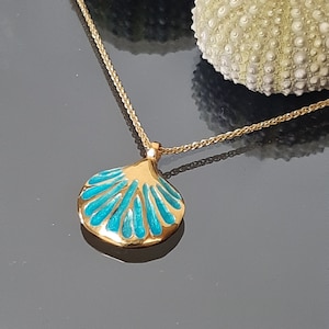 Gold-Plated Shell Necklace: Opal Blue Enamel Pendant, Greek Jewelry