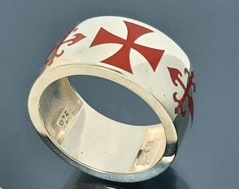 Maltese Templar cross Ring: Red Cross Knight Chevalier, Sterling